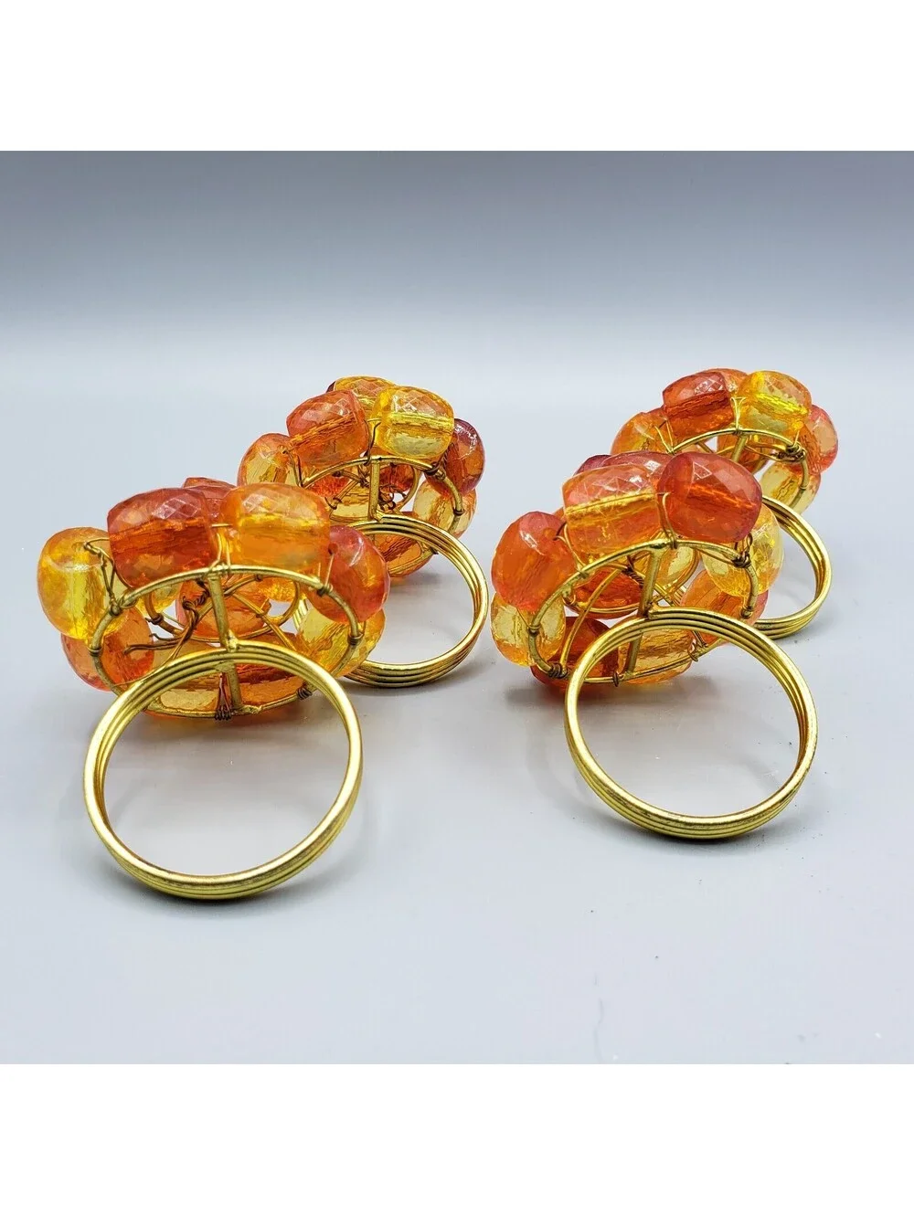 4 Orange Yellow Beaded Napkin Rings Faceted Gold Metal Wire Wrapped Spring